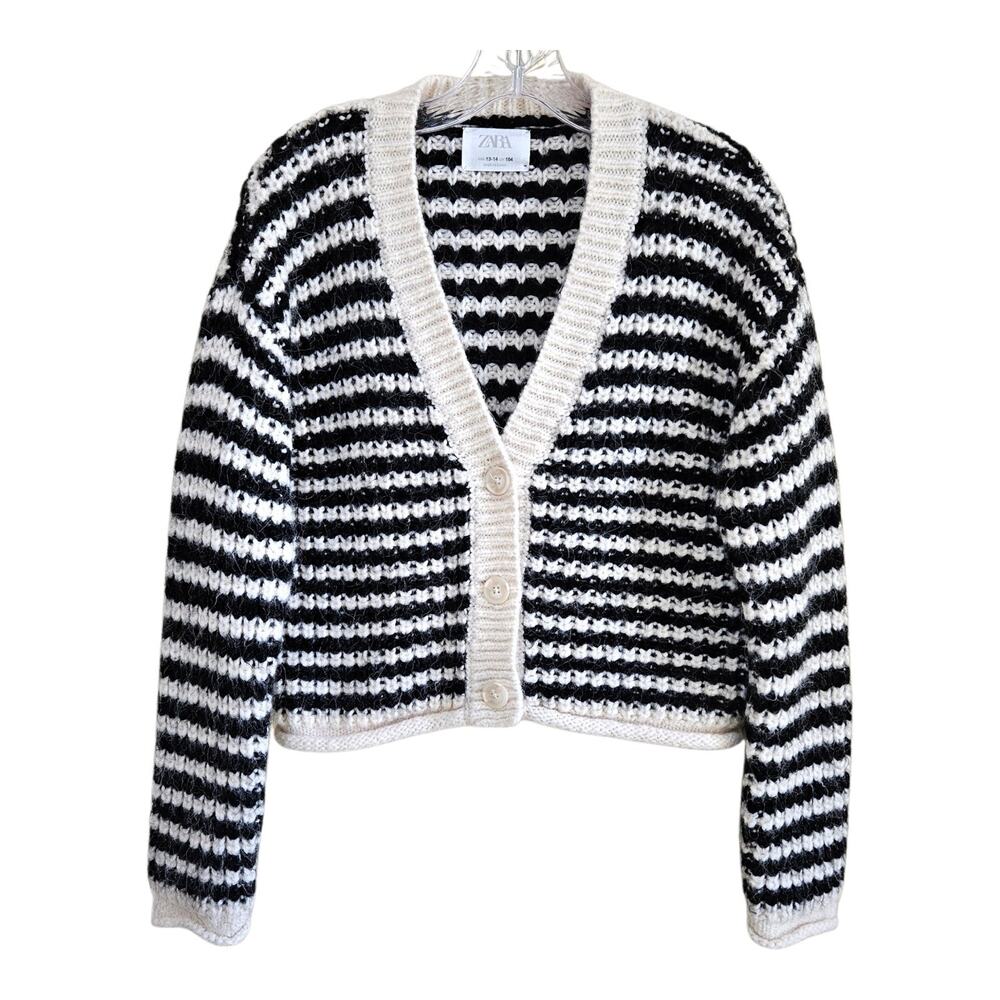 ZARA Girl's 13 14 Cardigan Sweater Chunky Striped Alpaca Wool Acrylic 38"
